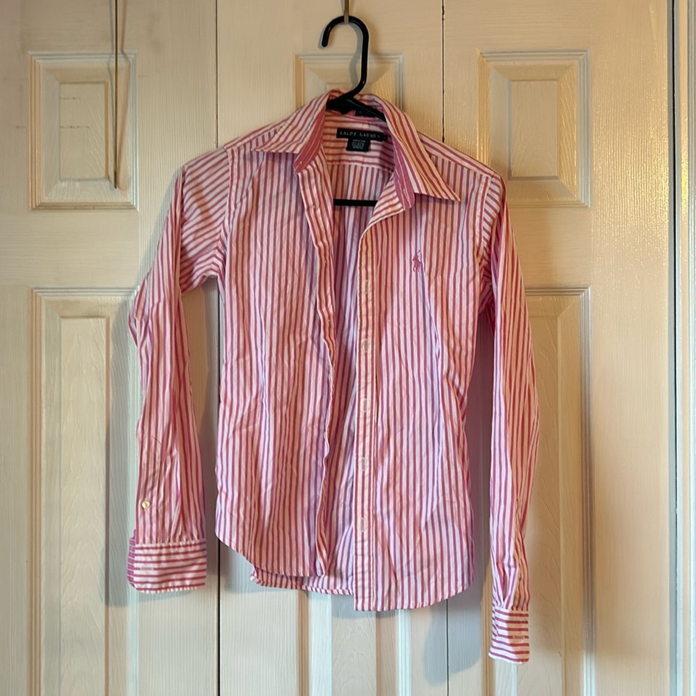Ralph Lauren Ladies pink white striped button down sz 2